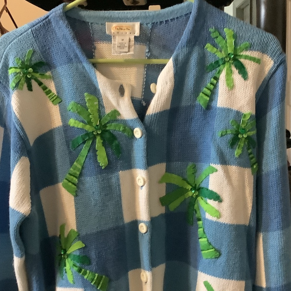 Talbots‎ Blue and White Cardigan with Green Palm Trees, PM